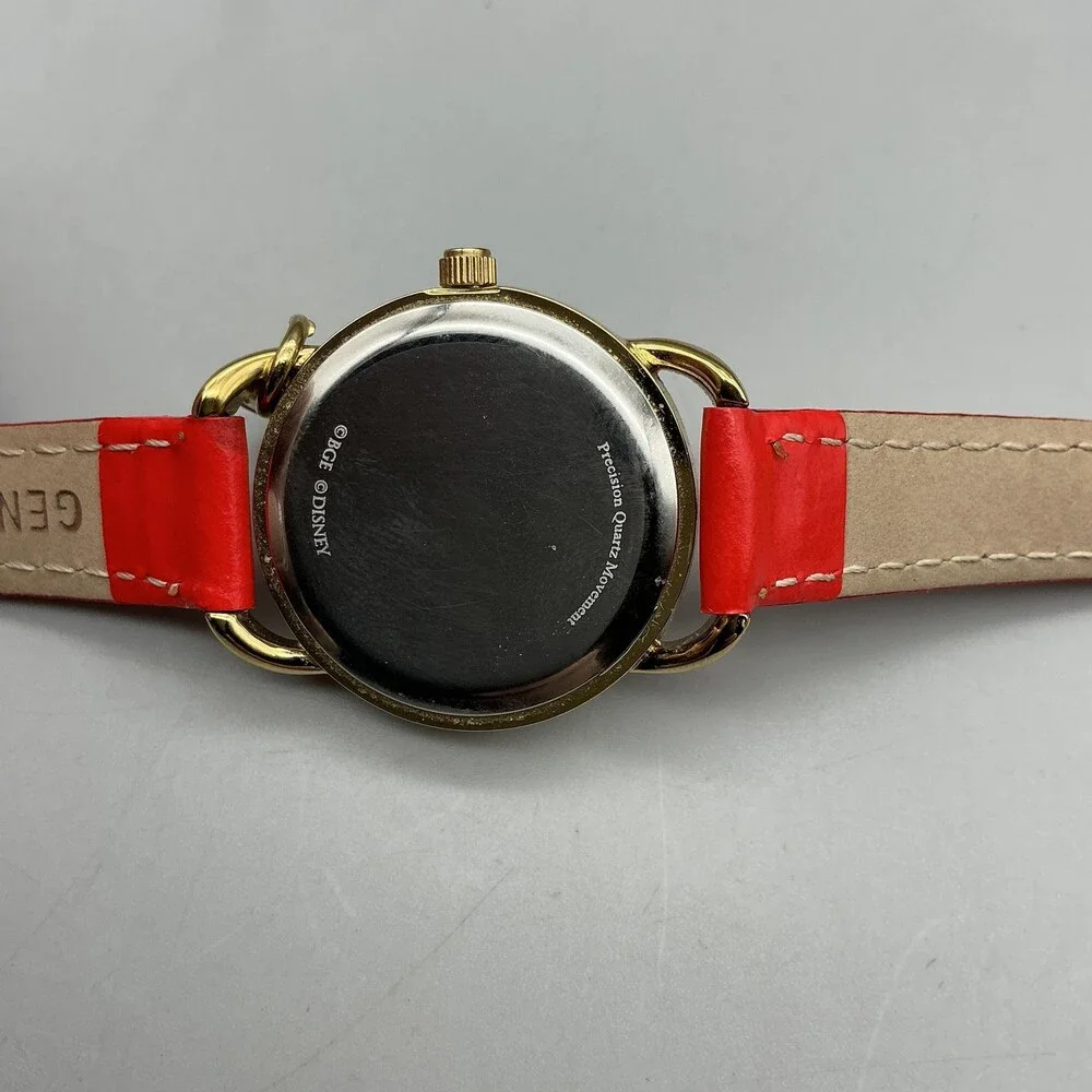 Disney Girls Watch 28mm Mickey Mouse Red Leather Gold Silver Tone New Battery